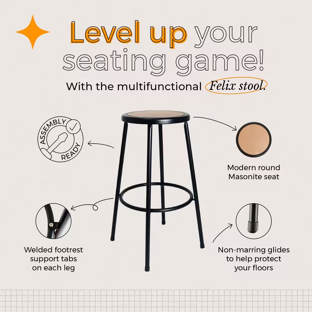 Felix Collection 30 In. Black Metal Stool, Masonite Seat Pan, Assemblyready