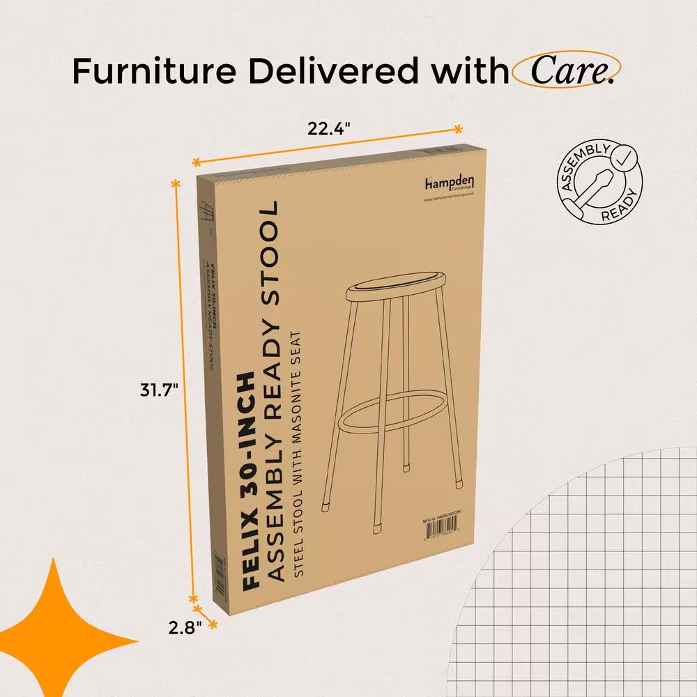 Felix Collection 30 In. Black Metal Stool, Masonite Seat Pan, Assemblyready