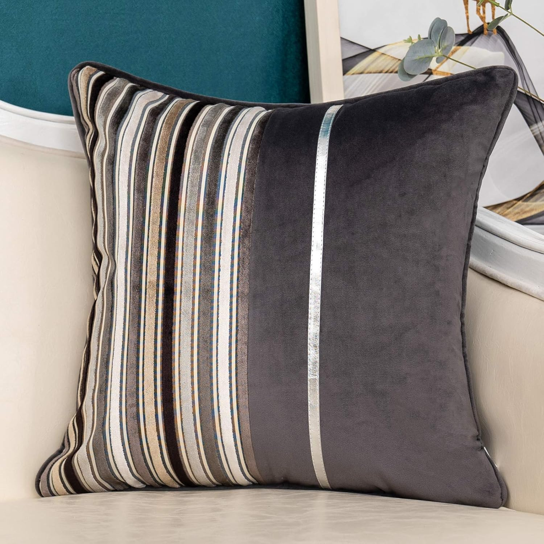 Grey Striped Patchwork Throw Pillow Cover Gold Leather Cushion Cover Zippered Pi
