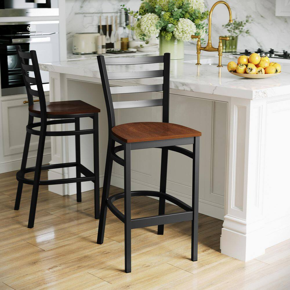 Hercules Series 28.75 In. Cherry Wood Seat/Black Metal Frame Bar Stool