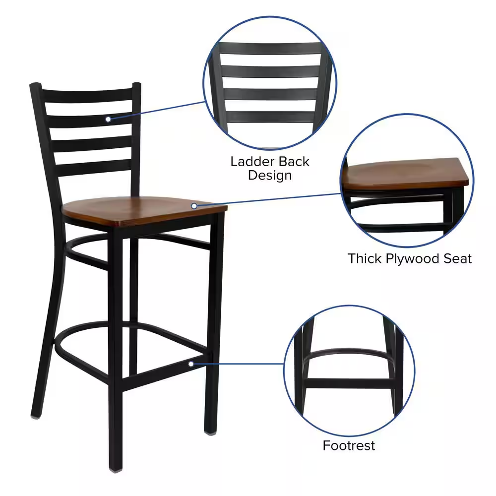 Hercules Series 28.75 In. Cherry Wood Seat/Black Metal Frame Bar Stool