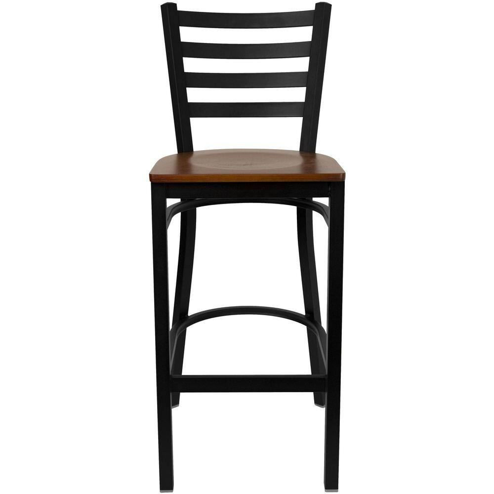 Hercules Series 28.75 In. Cherry Wood Seat/Black Metal Frame Bar Stool