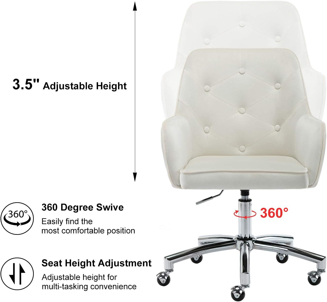 Home Office Chair, White Cute Modern Desk Chair Velvet Tufted Vanity Chair Uphol