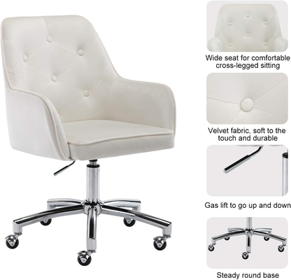 Home Office Chair, White Cute Modern Desk Chair Velvet Tufted Vanity Chair Uphol