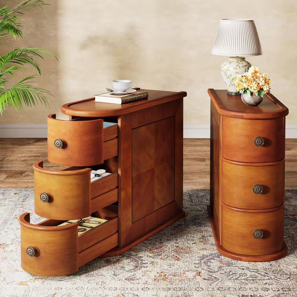 Kerlin 10.8 In. Walnut Rectangular Real Wood End Table with 3-Drawer, No Assembl