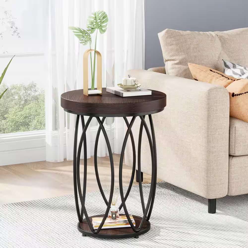 Kerlin 18.3 In. Rustic Brown round Side Table Wood End Table with Metal Frame fo