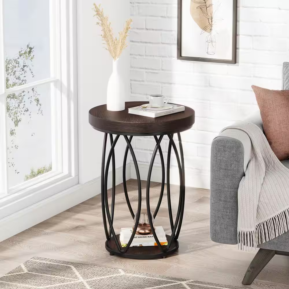 Kerlin 18.3 In. Rustic Brown round Side Table Wood End Table with Metal Frame fo