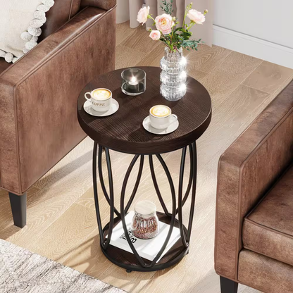 Kerlin 18.3 In. Rustic Brown round Side Table Wood End Table with Metal Frame fo