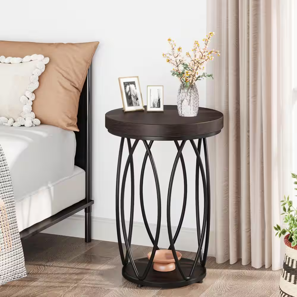Kerlin 18.3 In. Rustic Brown round Side Table Wood End Table with Metal Frame fo