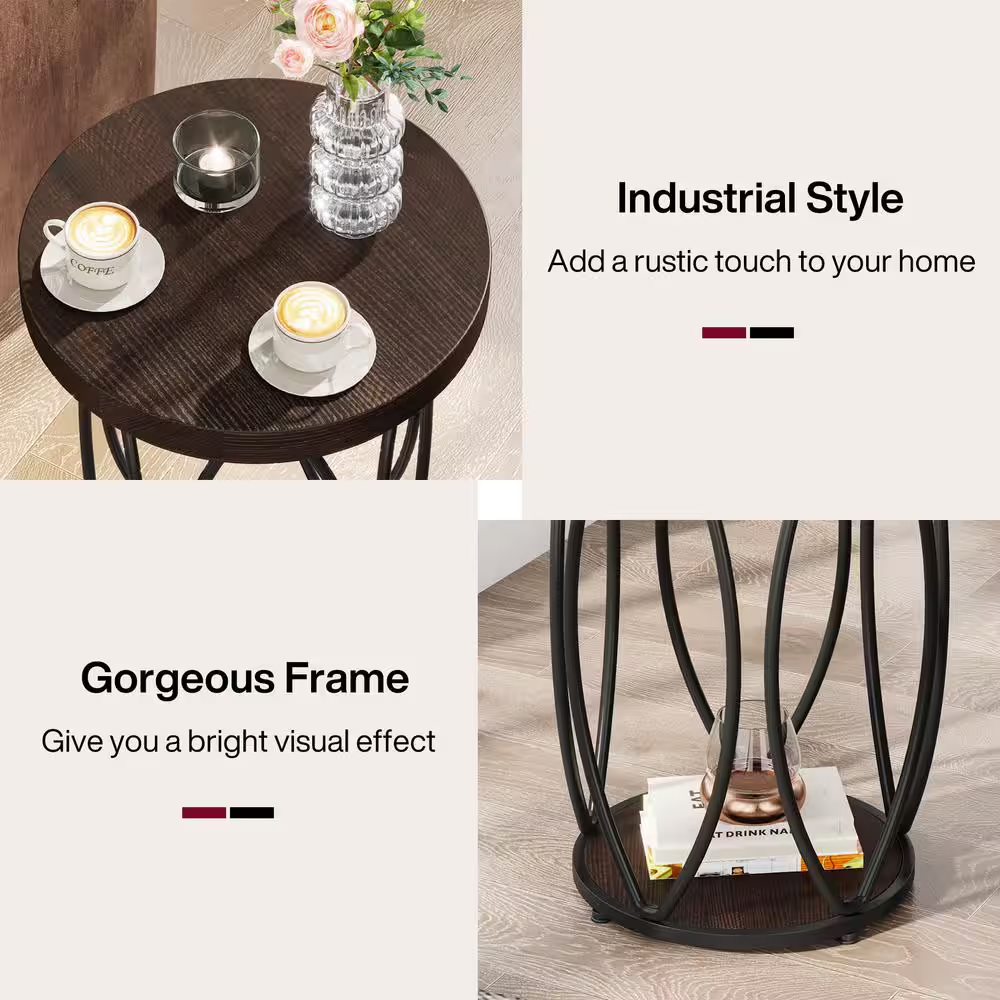 Kerlin 18.3 In. Rustic Brown round Side Table Wood End Table with Metal Frame fo