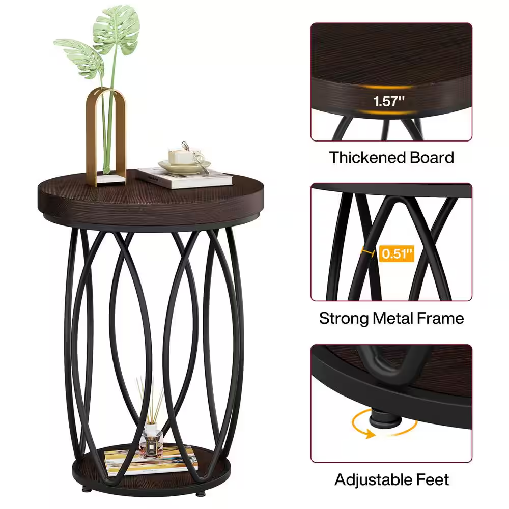 Kerlin 18.3 In. Rustic Brown round Side Table Wood End Table with Metal Frame fo