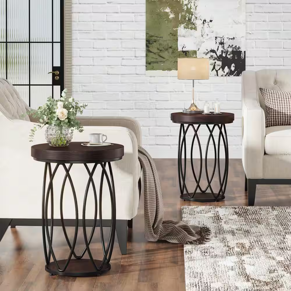 Kerlin 18.3 In. Rustic Brown round Side Table Wood End Table with Metal Frame fo