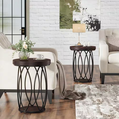 Kerlin 18.3 In. Rustic Brown round Side Table Wood End Table with Metal Frame fo