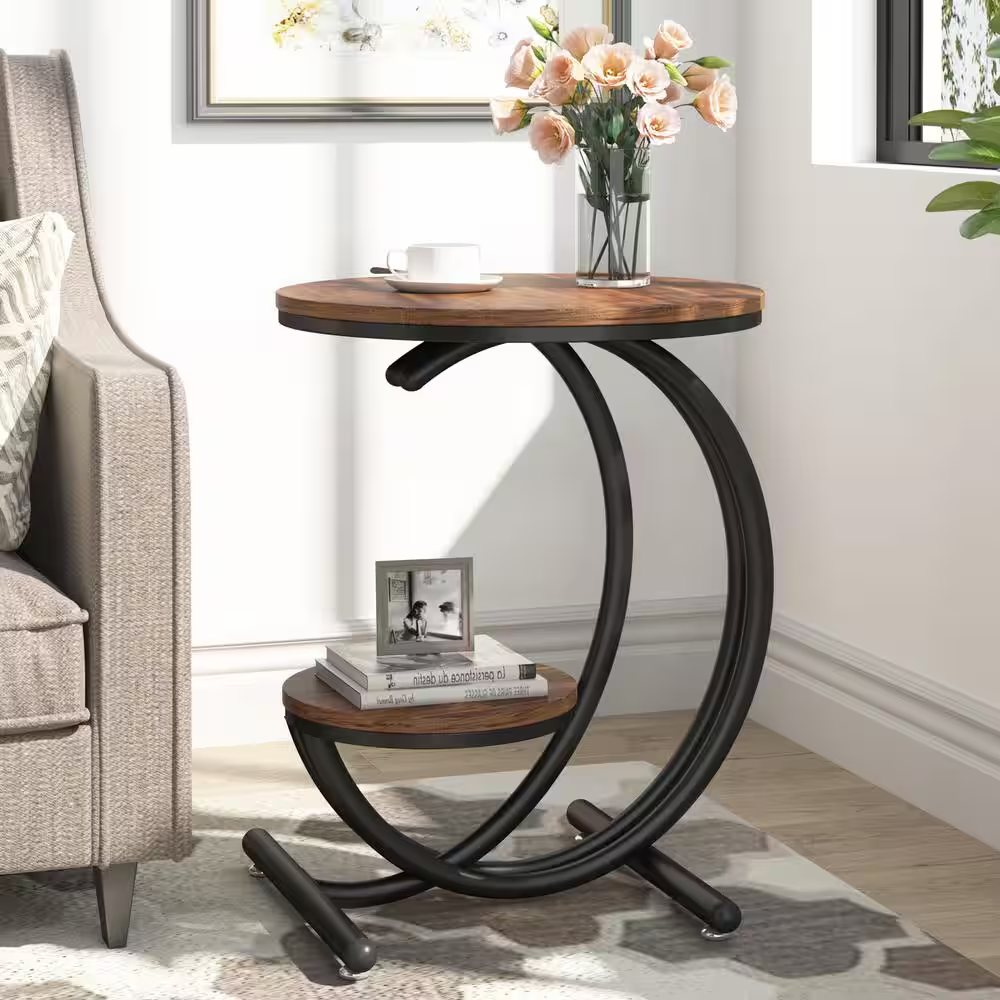 Kerlin 20 In. Brown Black Wood round Side Table, 2-Tier Industrial End Table wit
