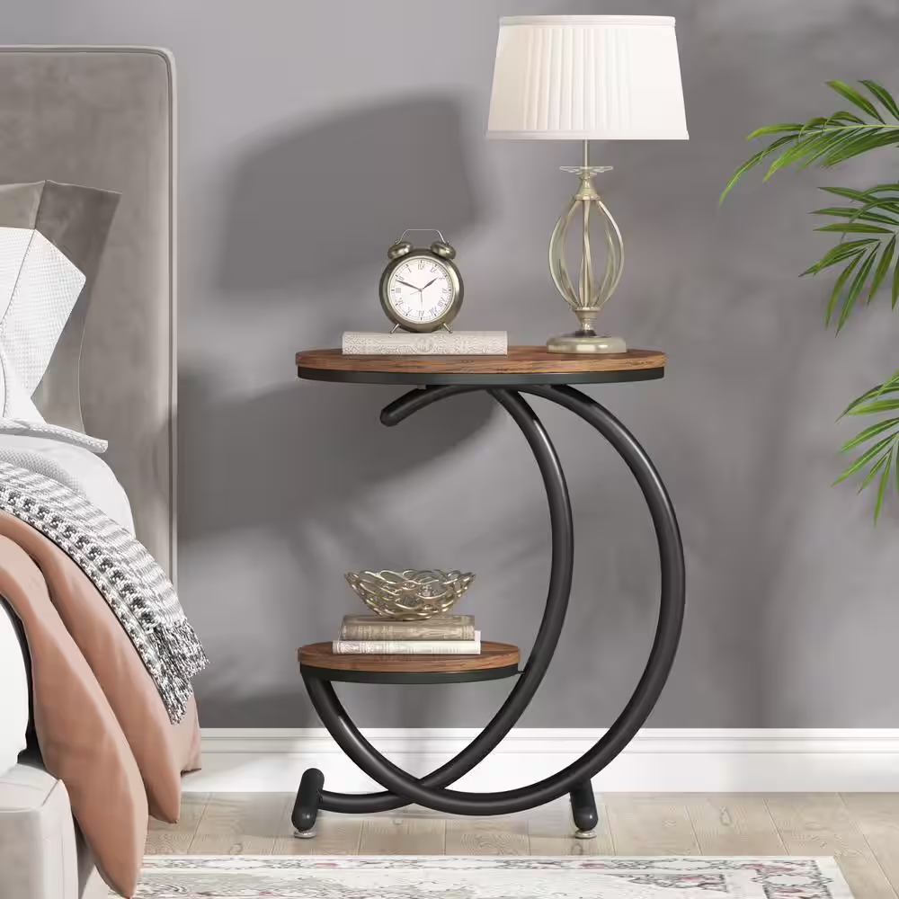 Kerlin 20 In. Brown Black Wood round Side Table, 2-Tier Industrial End Table wit