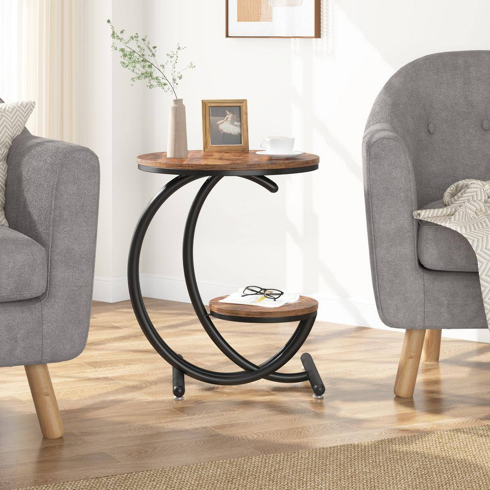 Kerlin 20 In. Brown Black Wood round Side Table, 2-Tier Industrial End Table wit