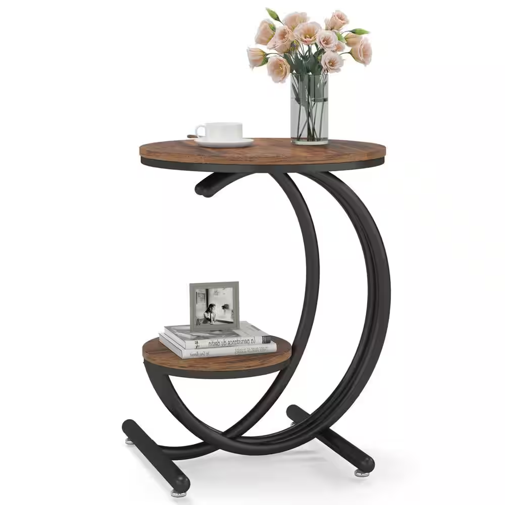 Kerlin 20 In. Brown Black Wood round Side Table, 2-Tier Industrial End Table wit