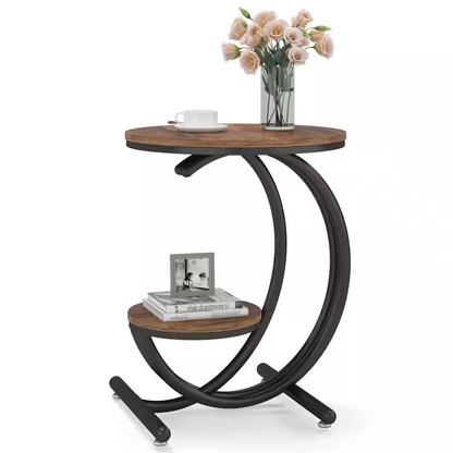 Kerlin 20 In. Brown Black Wood round Side Table, 2-Tier Industrial End Table wit