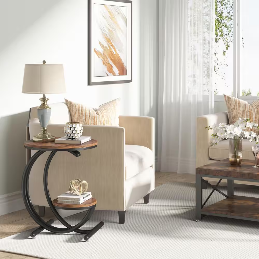 Kerlin 20 In. Brown Black Wood round Side Table, 2-Tier Industrial End Table wit