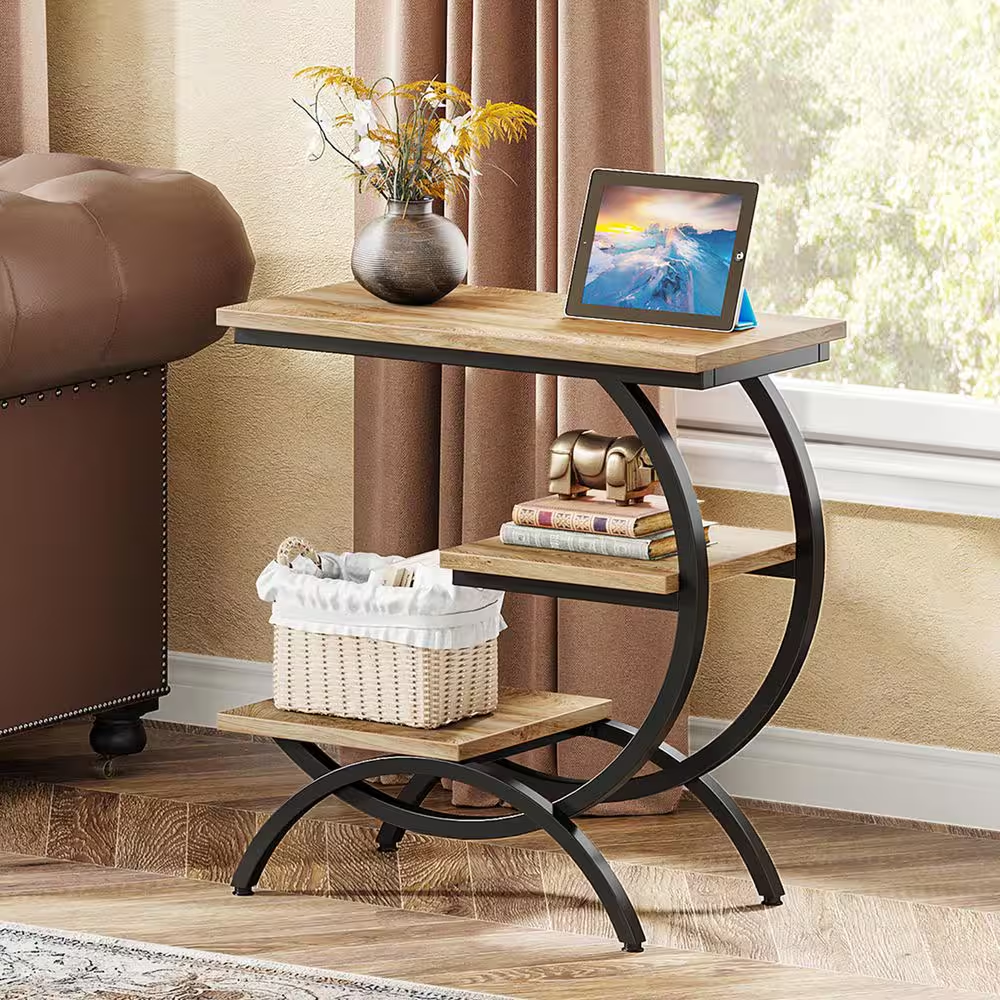 Kerlin 23.6 In. Light Brown Wood and Metal C-Shaped End Table, 3-Tier Side Table