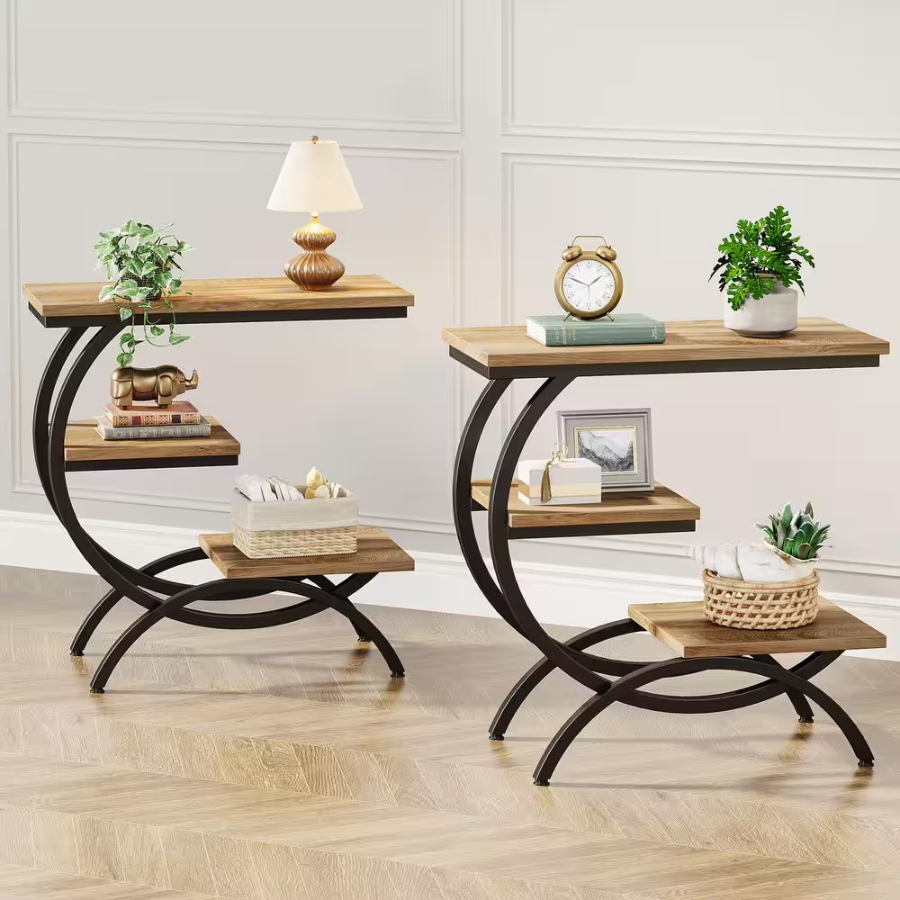 Kerlin 23.6 In. Light Brown Wood and Metal C-Shaped End Table, 3-Tier Side Table