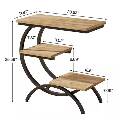 Kerlin 23.6 In. Light Brown Wood and Metal C-Shaped End Table, 3-Tier Side Table