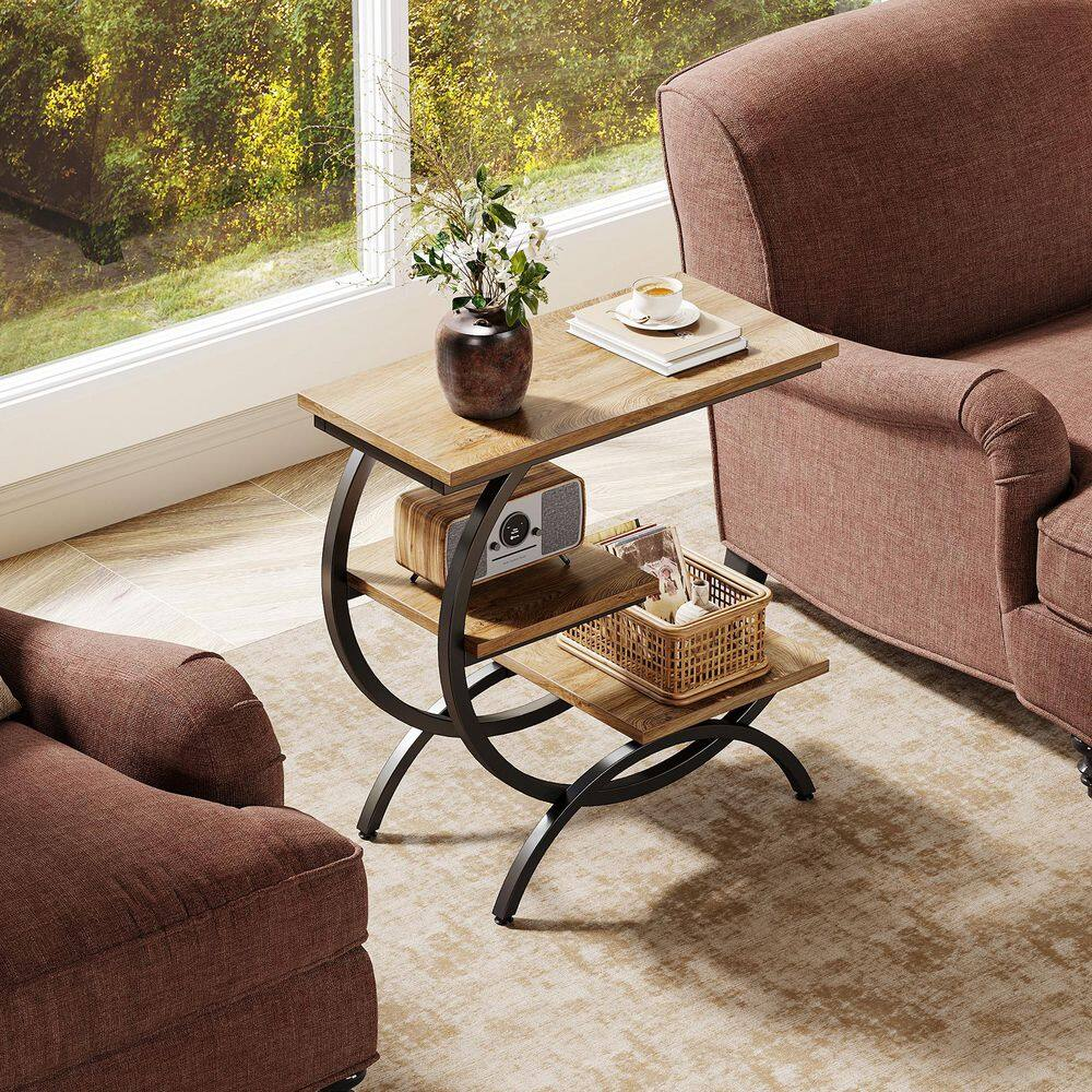 Kerlin 23.6 In. Light Brown Wood and Metal C-Shaped End Table, 3-Tier Side Table