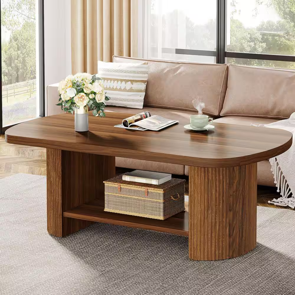 Kerlin 45.27 In. Brown Rectangle MDF Coffee Table with Storage Shelf, Rustic Cen