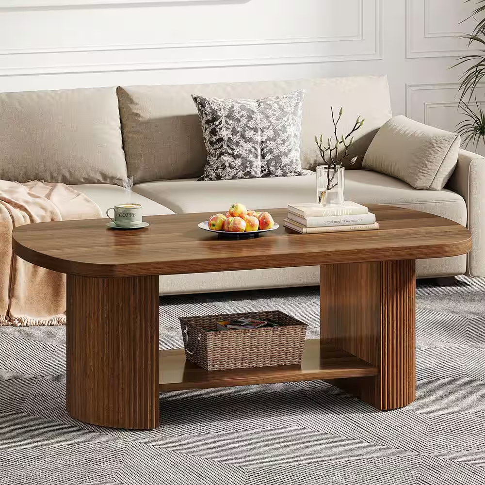 Kerlin 45.27 In. Brown Rectangle MDF Coffee Table with Storage Shelf, Rustic Cen