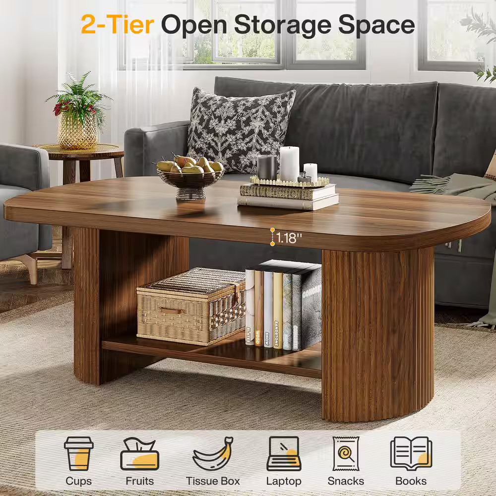 Kerlin 45.27 In. Brown Rectangle MDF Coffee Table with Storage Shelf, Rustic Cen