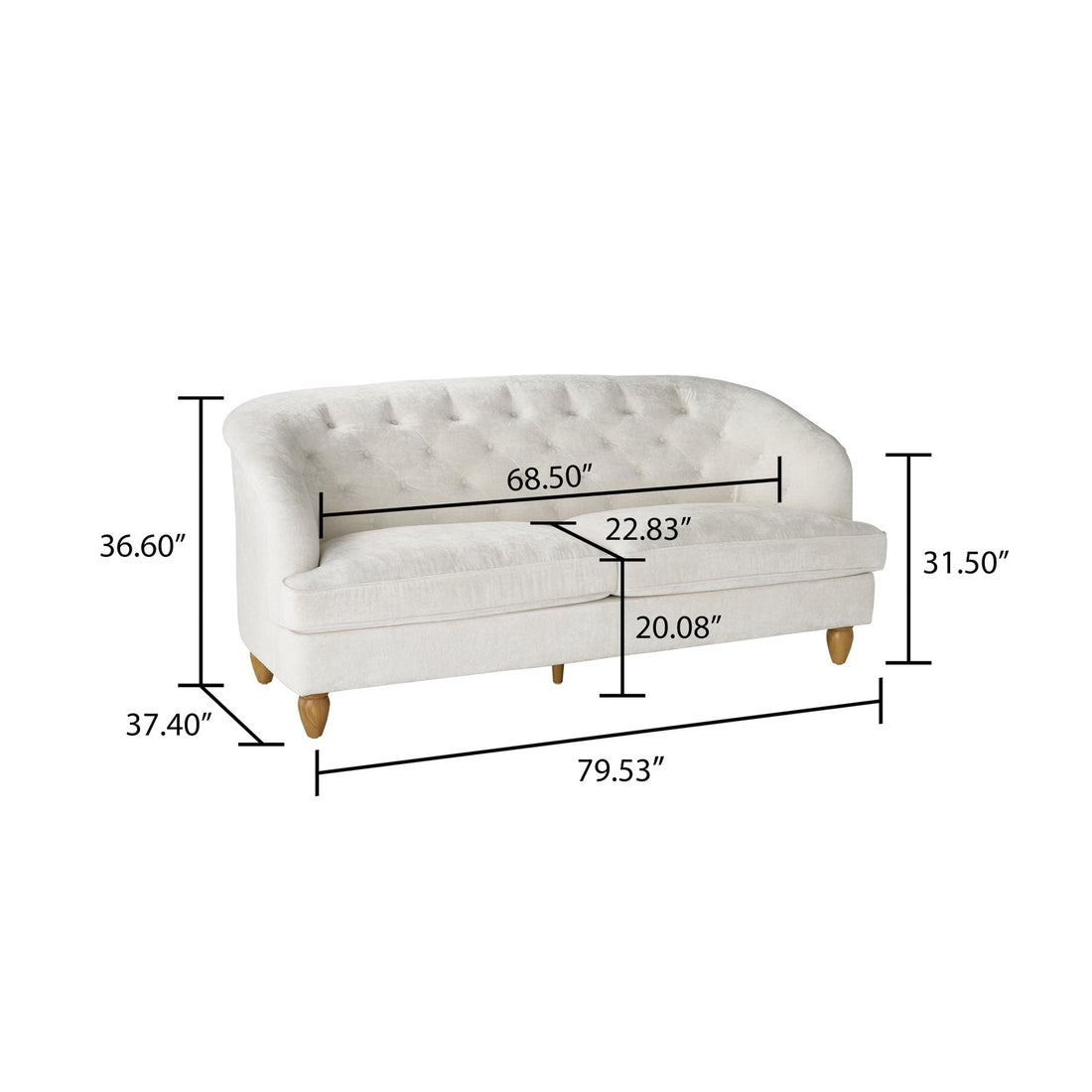 Laurel Tufted Sofa, Cream Velvet, 79.53 In