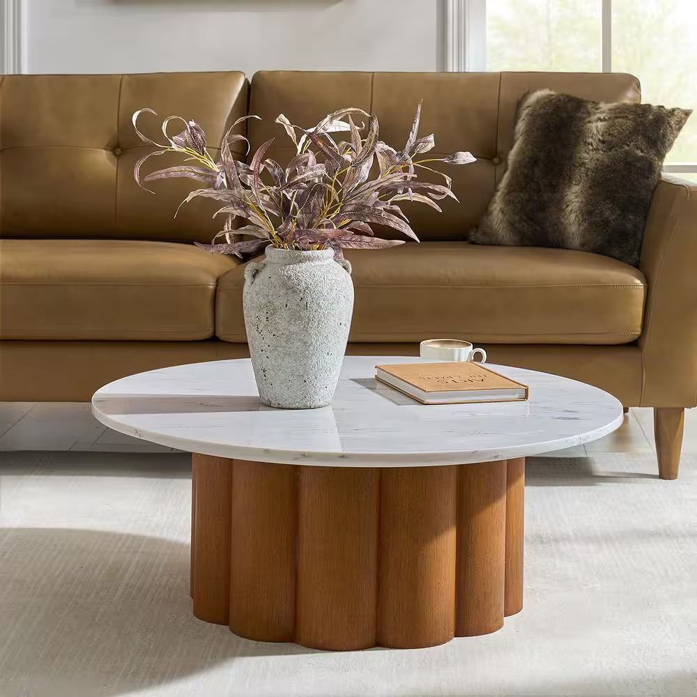 Liberto Walnut 36 In. W Modern Natural round Marble Coffee Table
