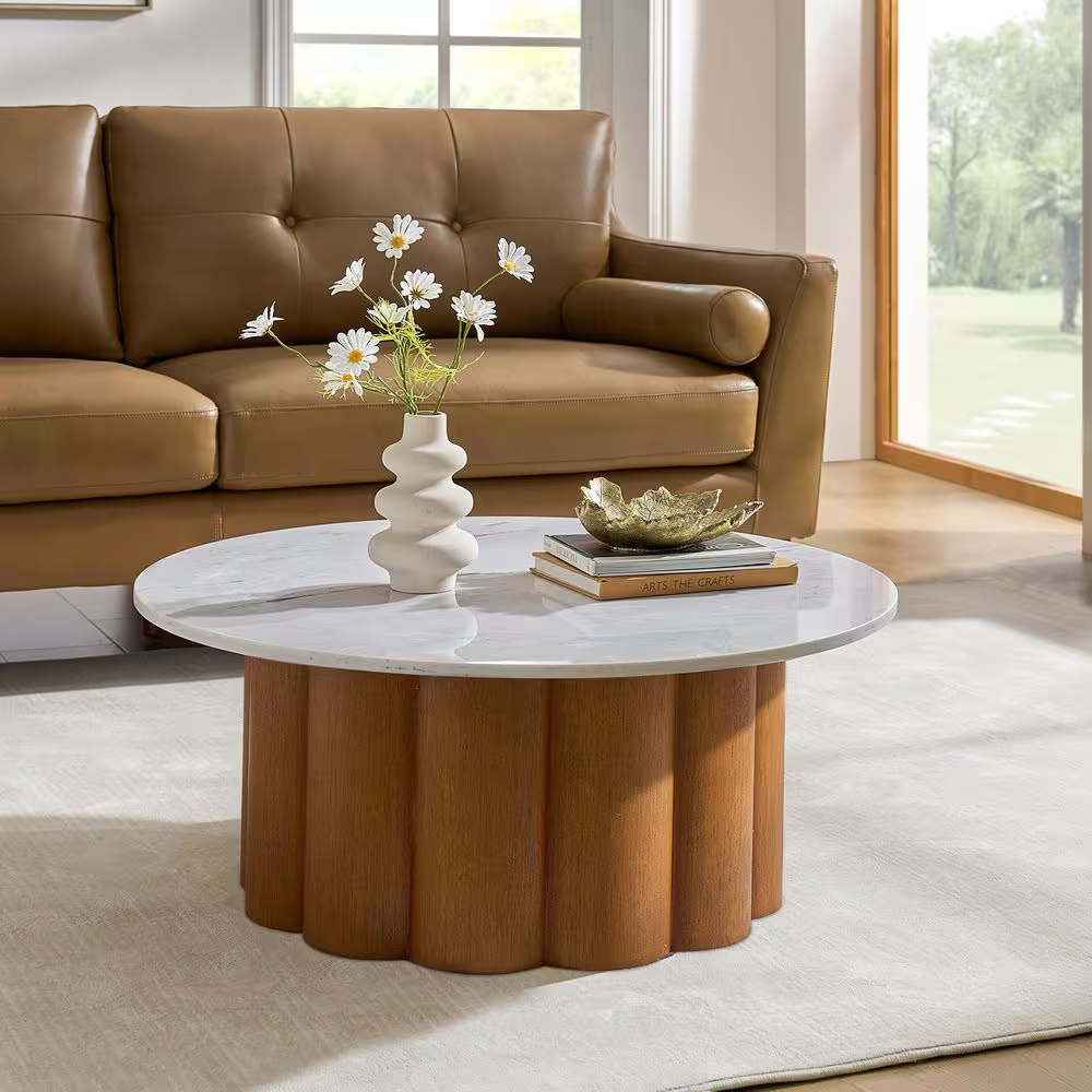Liberto Walnut 36 In. W Modern Natural round Marble Coffee Table
