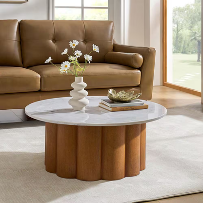 Liberto Walnut 36 In. W Modern Natural round Marble Coffee Table