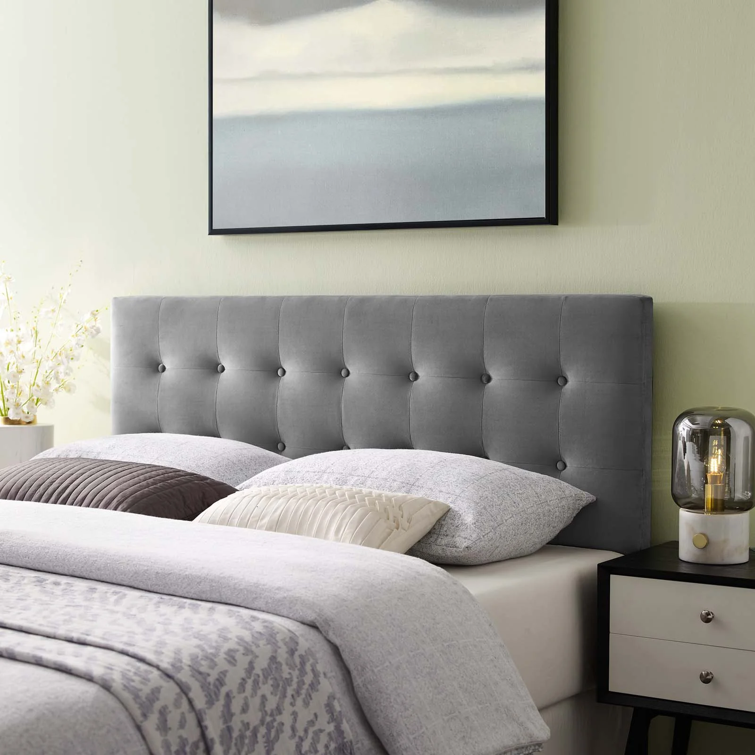 Lily Biscuit Tufted Twin Performance Velvet Headboard in Gray