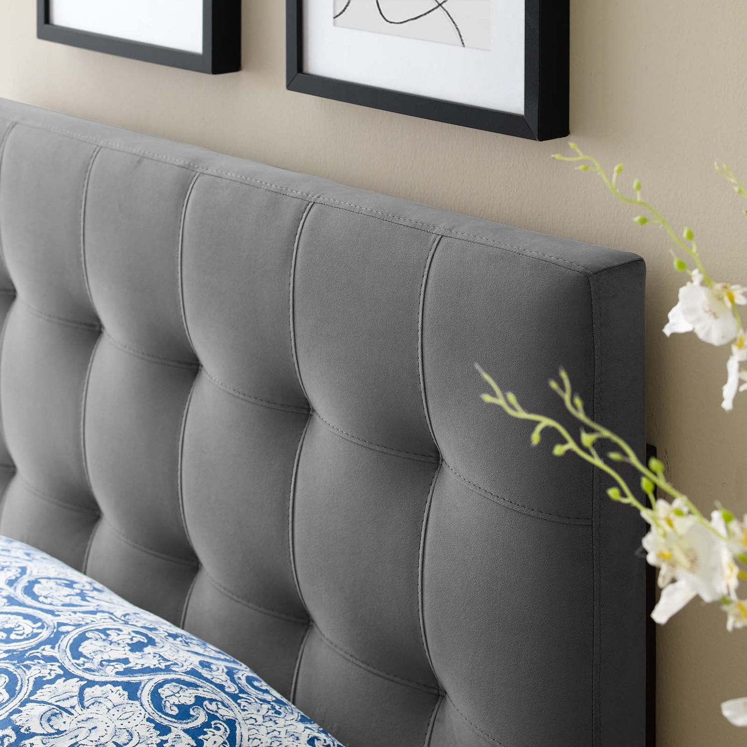 Lily Biscuit Tufted Twin Performance Velvet Headboard in Gray