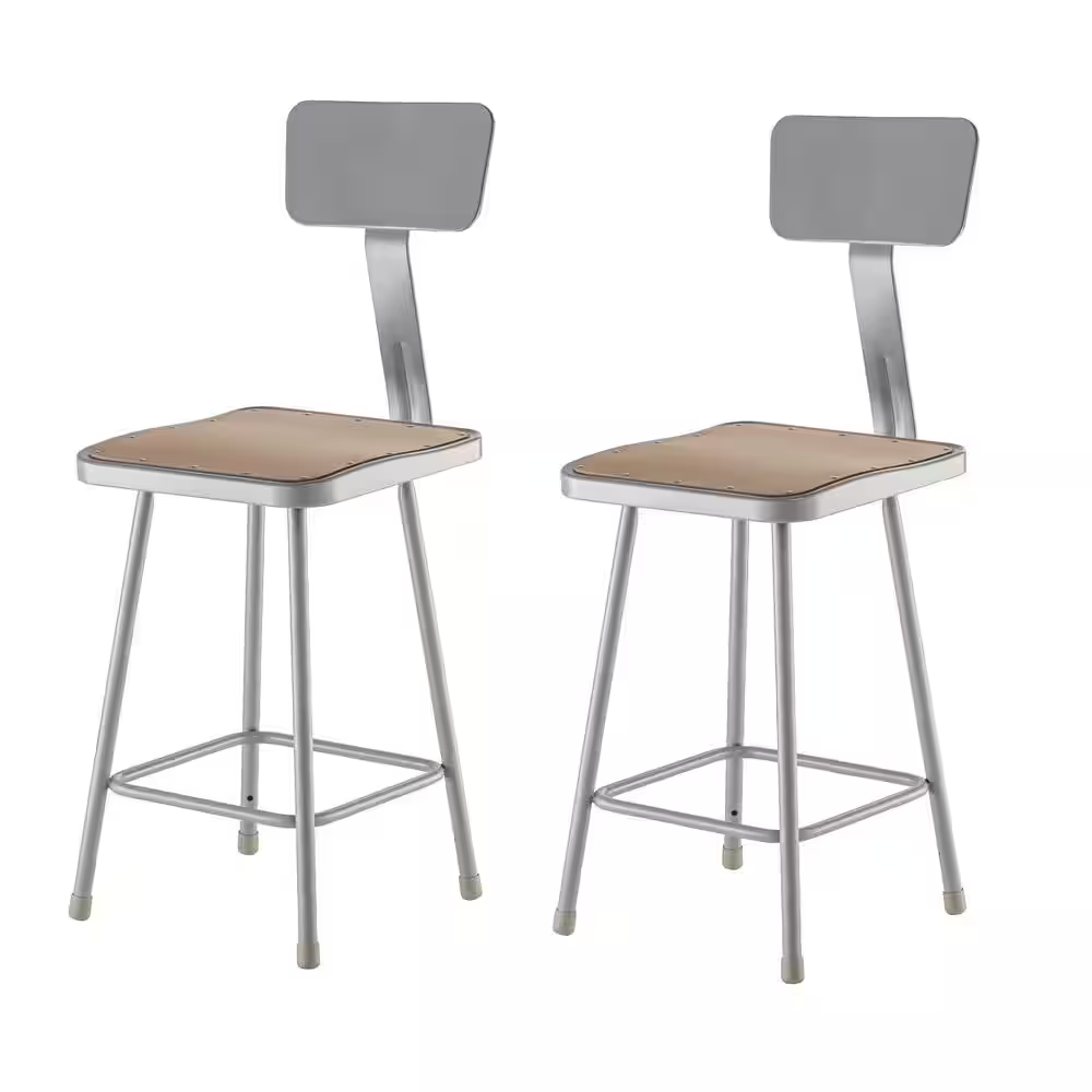 NPS 24 In. Grey Heavy Duty Square Seat Steel Stool with Backrest (2 Pack)