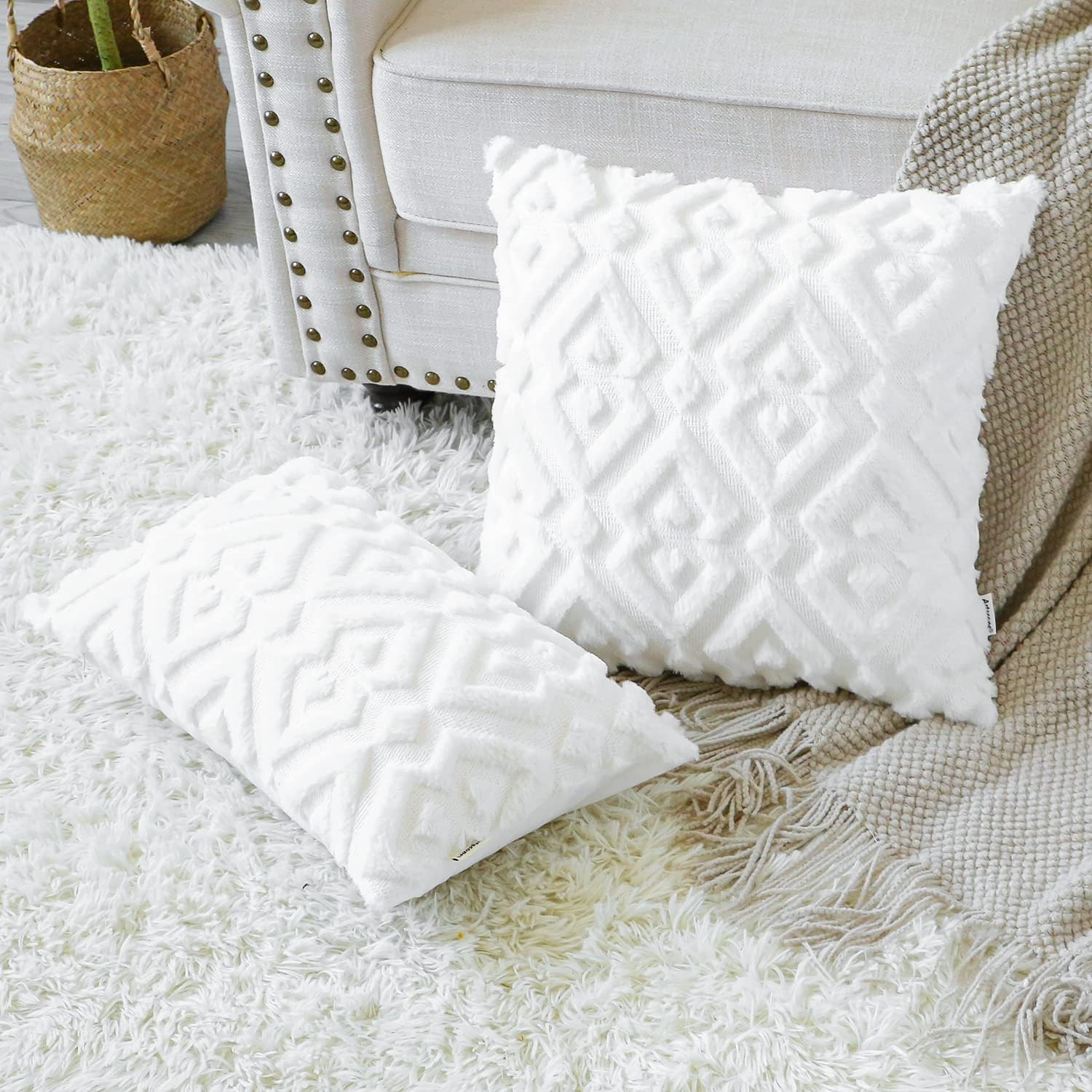 Pack of 2 Soft Plush Short Wool Velvet Decorative Throw Pillow Covers Luxury Sty
