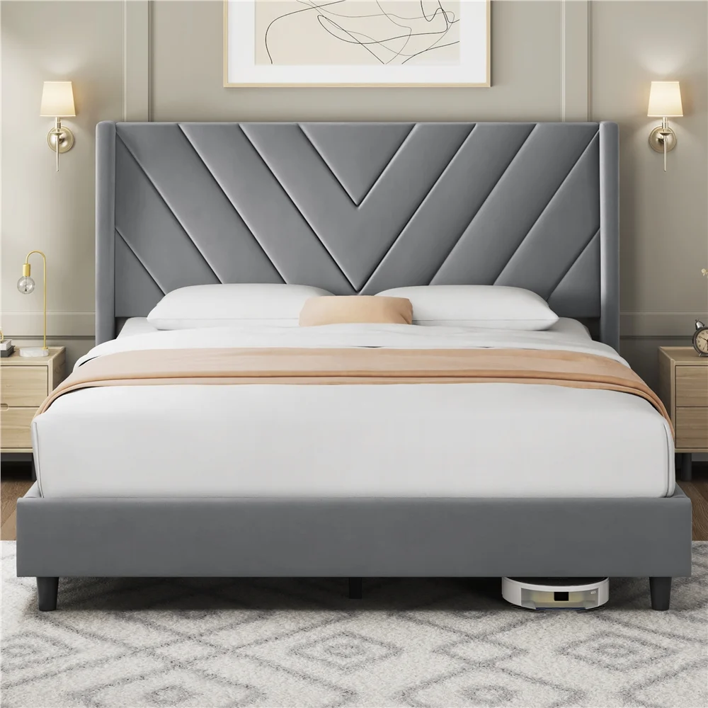 Queen Size Upholstered Platform Bed Frame with Tufted Headboard, Light Gray, Adu