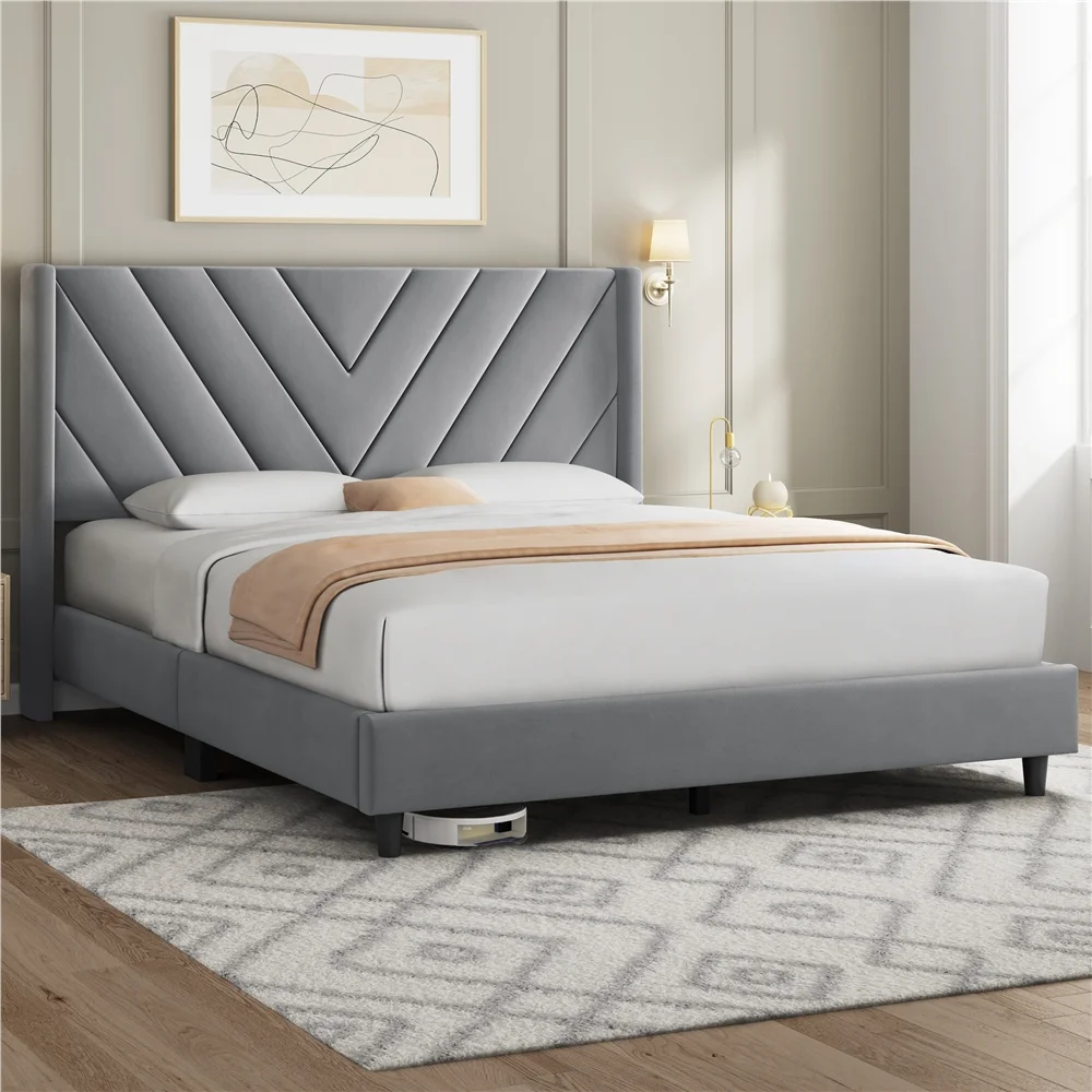 Queen Size Upholstered Platform Bed Frame with Tufted Headboard, Light Gray, Adu