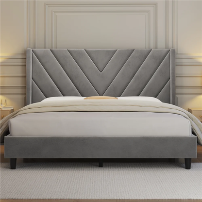 Queen Size Upholstered Platform Bed Frame with Tufted Headboard, Light Gray, Adu