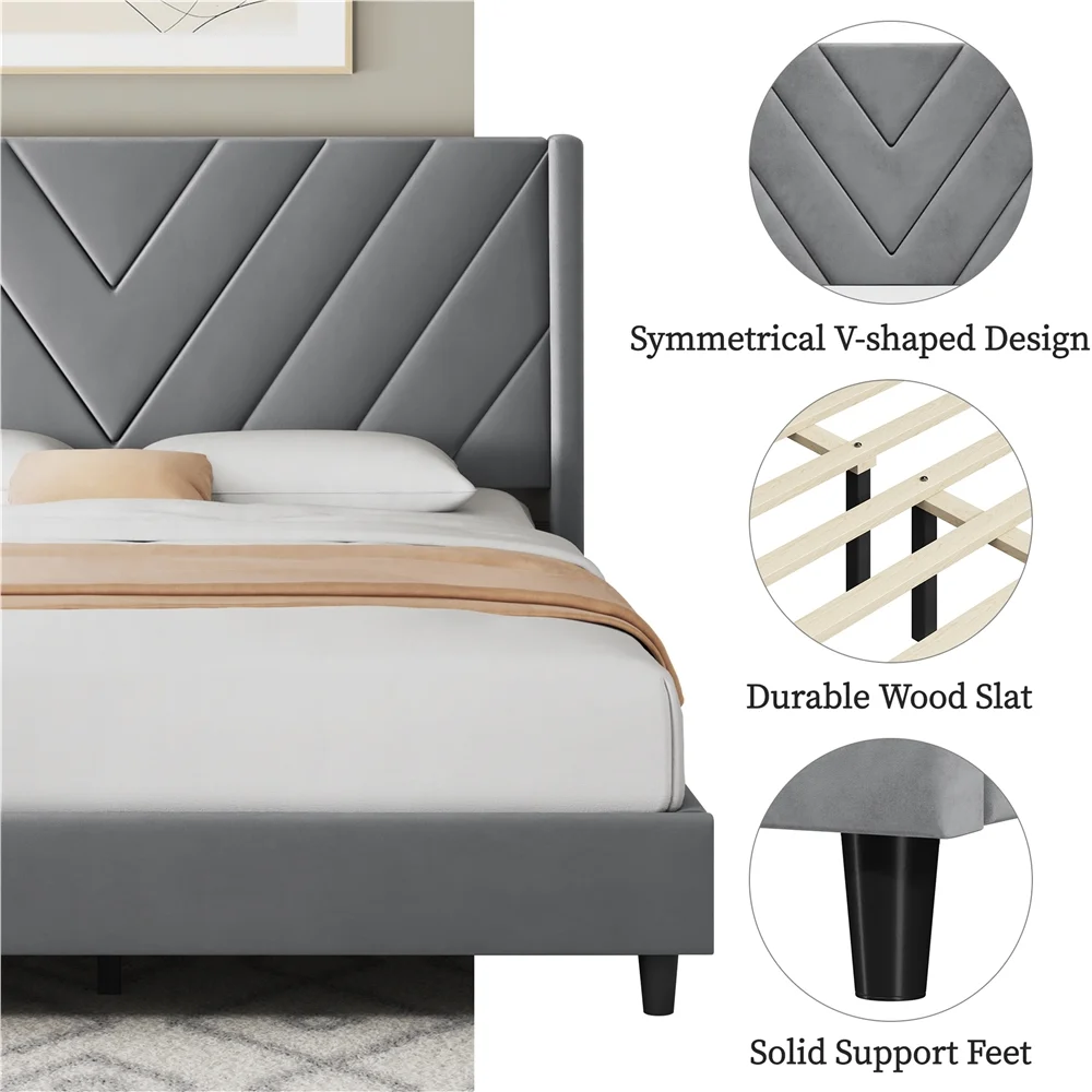 Queen Size Upholstered Platform Bed Frame with Tufted Headboard, Light Gray, Adu