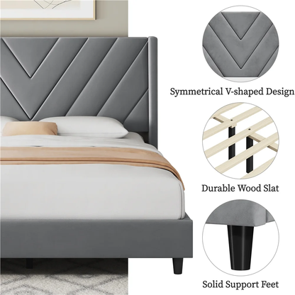 Queen Size Upholstered Platform Bed Frame with Tufted Headboard, Light Gray, Adu