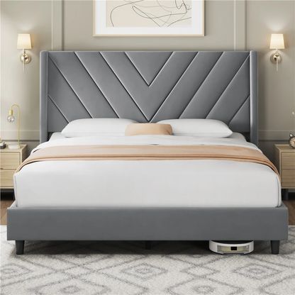 Queen Size Upholstered Platform Bed Frame with Tufted Headboard, Light Gray, Adu