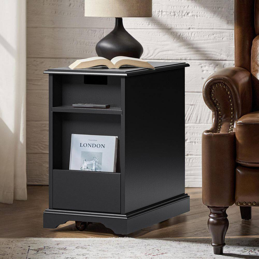 Ruperto Black 14 In. W MDF Rectangle End Table with Hooded Caster Wheels and Bui