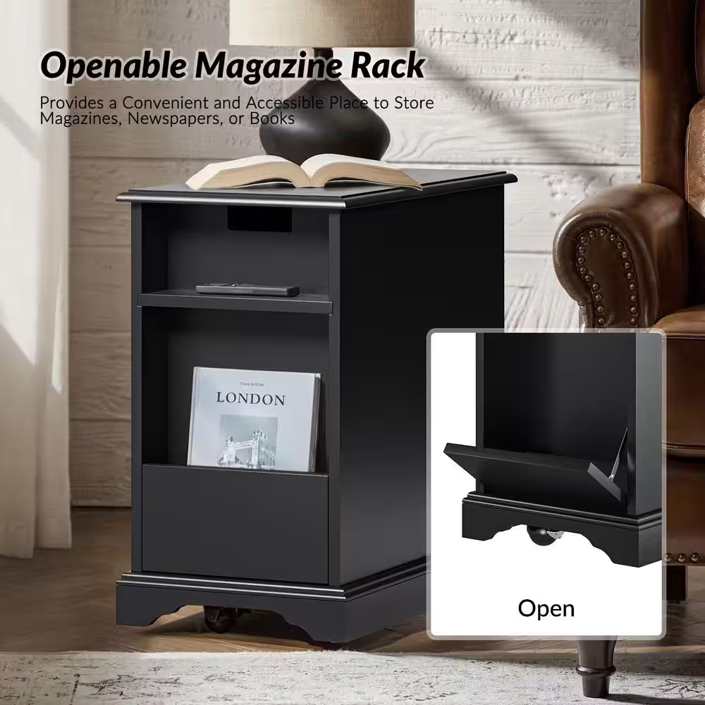 Ruperto Black 14 In. W MDF Rectangle End Table with Hooded Caster Wheels and Bui