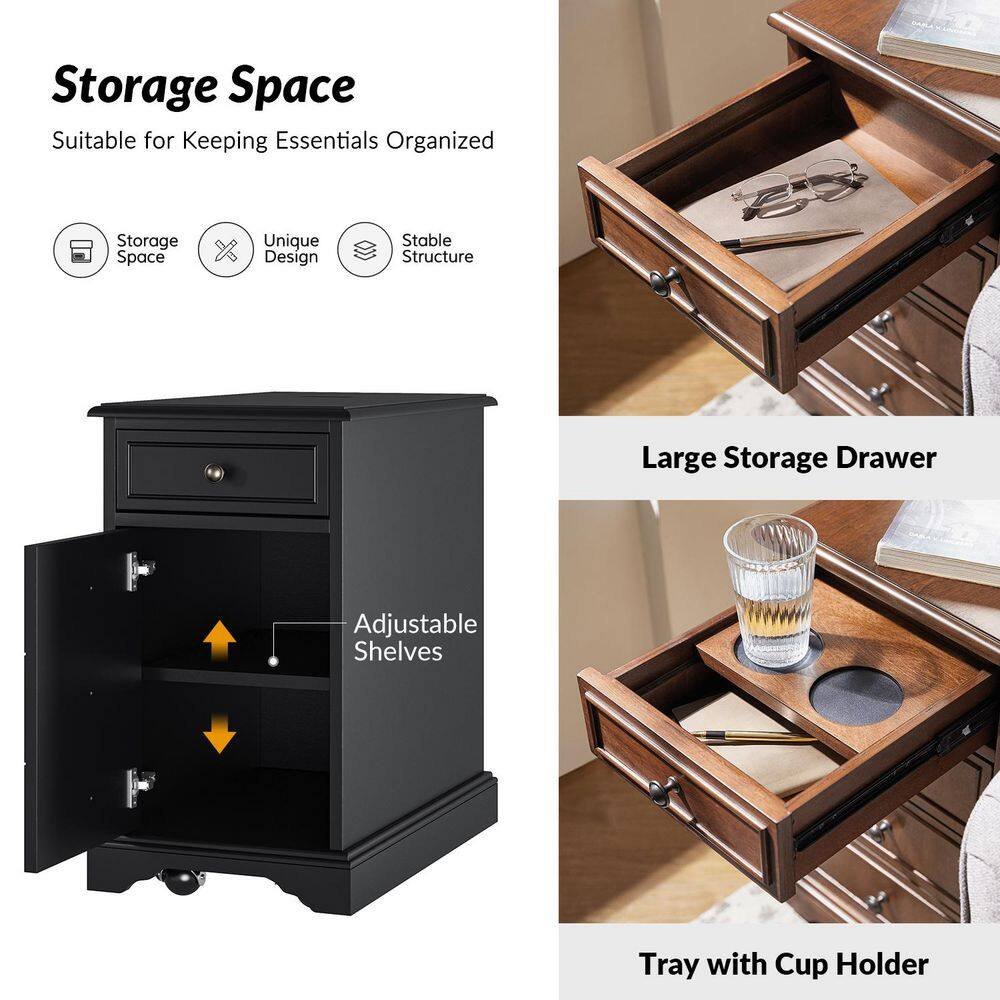 Ruperto Black 14 In. W MDF Rectangle End Table with Hooded Caster Wheels and Bui