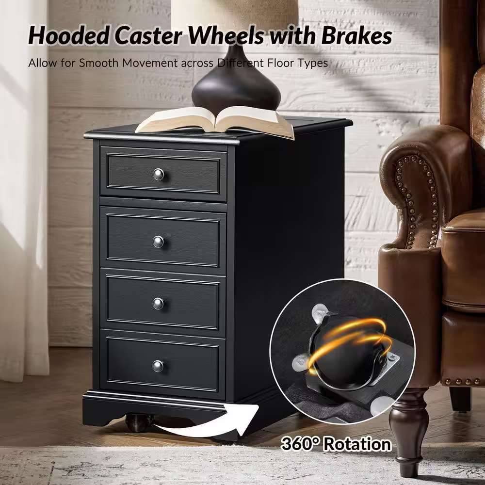 Ruperto Black 14 In. W MDF Rectangle End Table with Hooded Caster Wheels and Bui