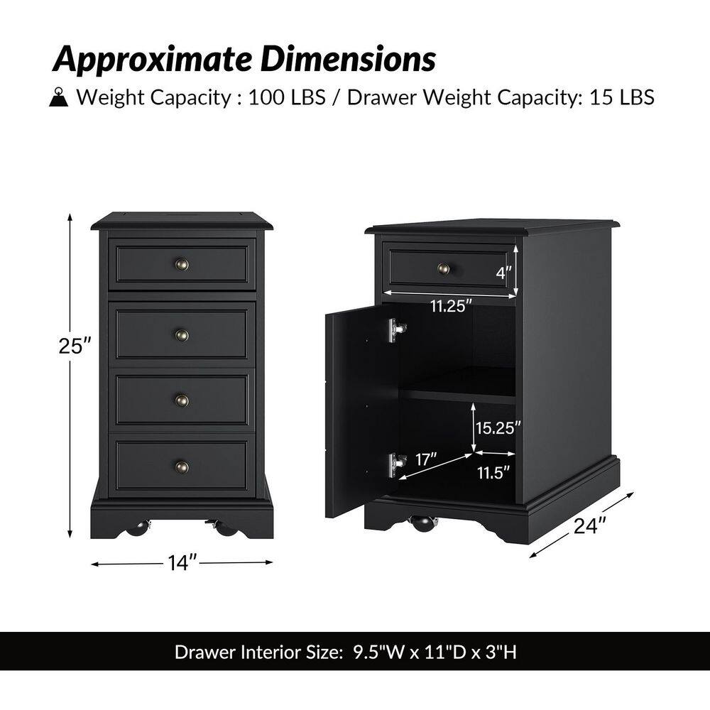 Ruperto Black 14 In. W MDF Rectangle End Table with Hooded Caster Wheels and Bui