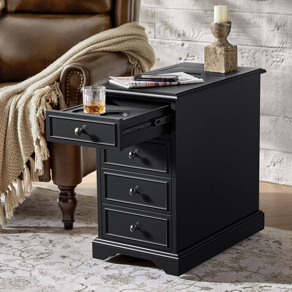 Ruperto Black 14 In. W MDF Rectangle End Table with Hooded Caster Wheels and Bui